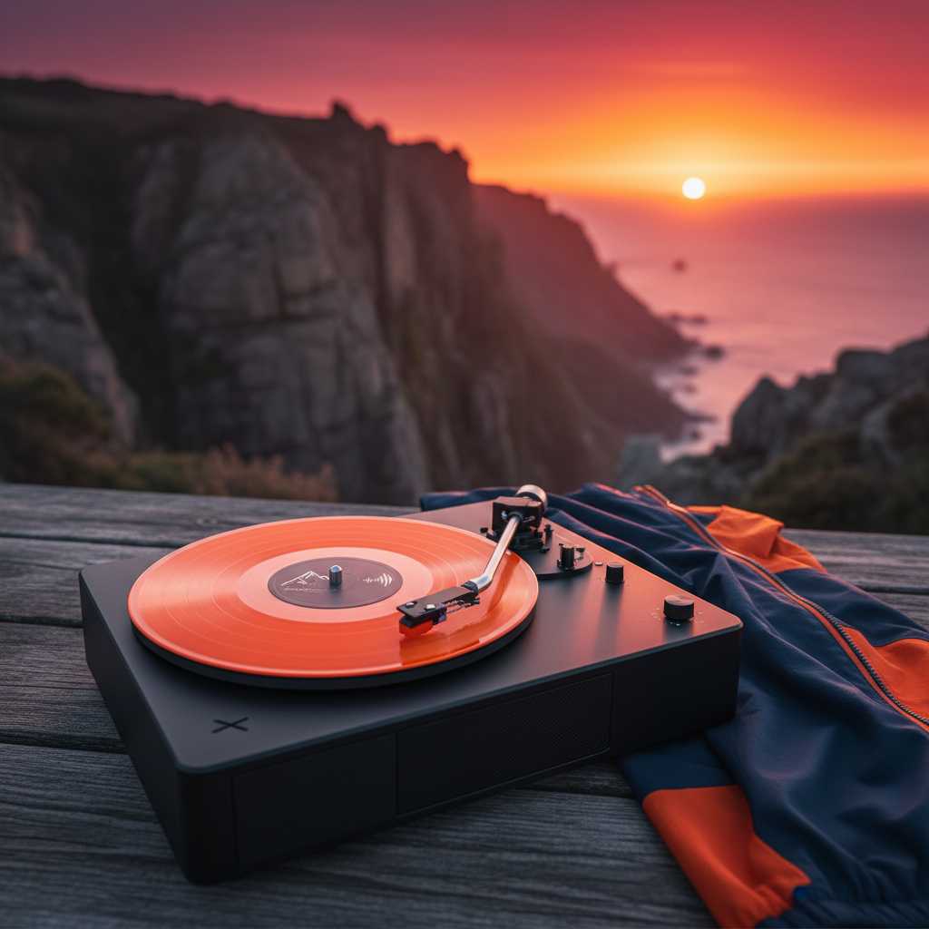 A sleek, matte-black portable turntable resting on a weathered wooden picnic table overlooking a dramatic cliffside vista, with a bright orange vinyl record spinning mid-song. The stylus arm hovers delicately above the record’s grooves, while a lightweight windbreaker lies folded nearby, edges fluttering subtly in the breeze. The horizon burns with a saturated sunset, casting warm, directional light that glints off the turntable’s brushed metal accents and deepens the sky’s magenta and amber gradients. Captured from a low, close-up angle with shallow depth of field, the background landscape fades into soft bokeh, creating a bold, energetic, photographic image that merges music, travel, and raw possibility.