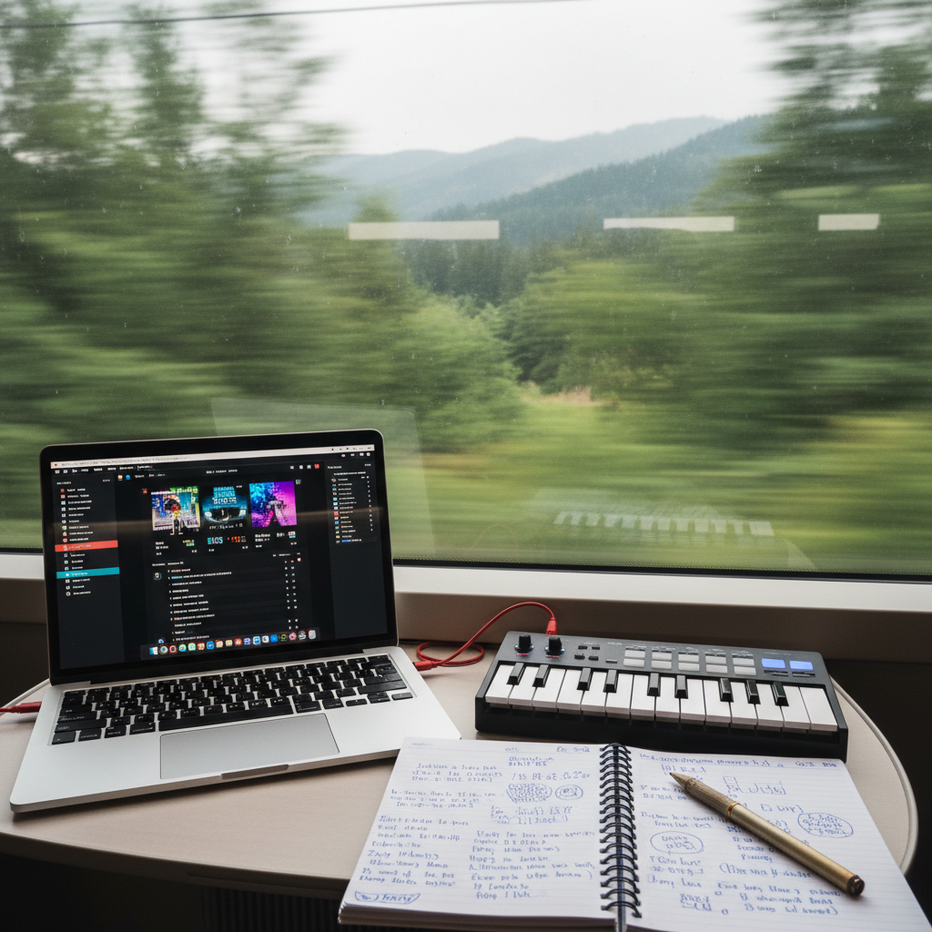 A narrow train compartment table cluttered with a slim silver laptop displaying a colorful music playlist, a small travel-sized MIDI keyboard, and a spiral-bound notebook filled with messy handwritten song ideas. Outside the large window, a blur of passing forests and distant mountains streaks by, suggesting high speed and constant motion. Soft overcast daylight diffuses through the glass, giving the scene an even, cinematic glow, while reflections of the playlist colors shimmer faintly on the window. Shot from a slightly elevated three-quarter angle, the composition uses rule of thirds and a shallow depth of field to keep the tools of creativity crisp and the landscape abstract, evoking bold, focused inspiration on the move.