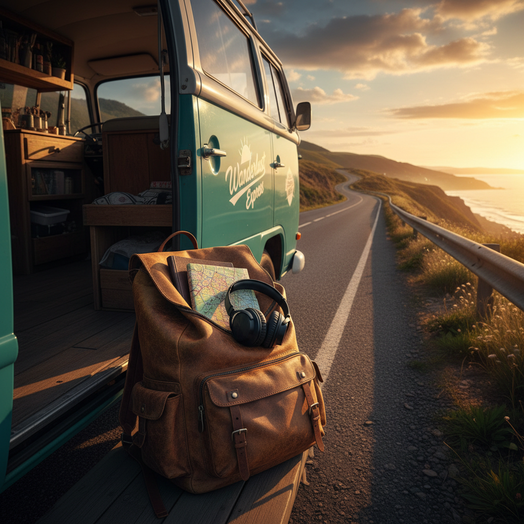 A well-traveled, scuffed leather backpack leaning against the open doorway of a vintage camper van, its zippers half-open to reveal a neatly packed journal, over-ear headphones, and a worn city map. Outside the van, a winding coastal road disappears into distant hills under a vast sky. Late afternoon golden hour light spills in from the side, highlighting the backpack’s rich textures and casting long, dramatic shadows across the van’s wooden floor. Shot at eye level with a slightly wide angle, the scene feels bold and cinematic, with photographic realism and vibrant colors emphasizing the sense of movement, adventure, and a life in motion.