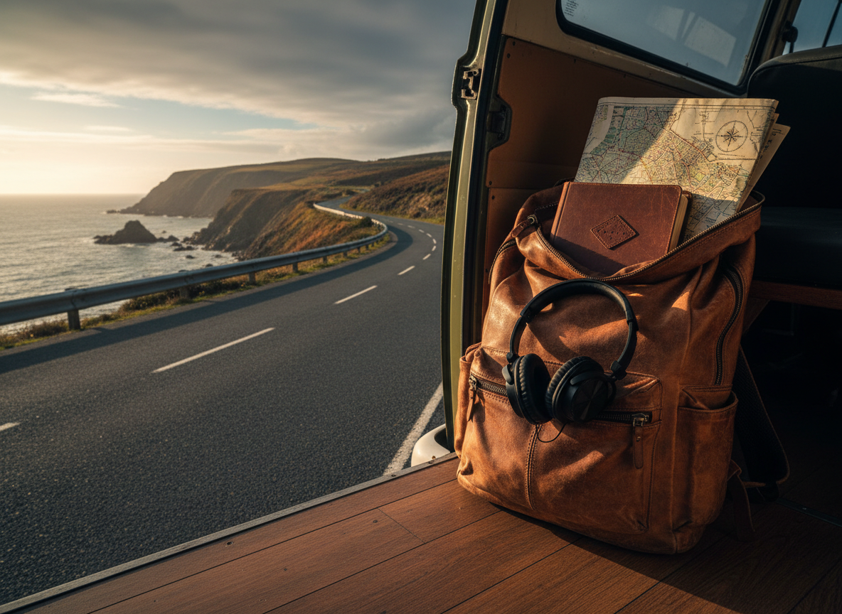 A well-traveled, scuffed leather backpack leaning against the open doorway of a vintage camper van, its zippers half-open to reveal a neatly packed journal, over-ear headphones, and a worn city map. Outside the van, a winding coastal road disappears into distant hills under a vast sky. Late afternoon golden hour light spills in from the side, highlighting the backpack’s rich textures and casting long, dramatic shadows across the van’s wooden floor. Shot at eye level with a slightly wide angle, the scene feels bold and cinematic, with photographic realism and vibrant colors emphasizing the sense of movement, adventure, and a life in motion.