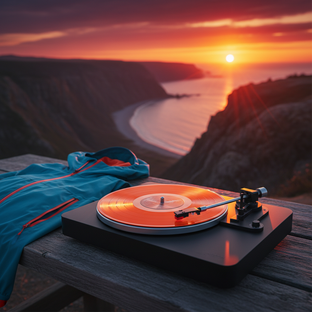 A sleek, matte-black portable turntable resting on a weathered wooden picnic table overlooking a dramatic cliffside vista, with a bright orange vinyl record spinning mid-song. The stylus arm hovers delicately above the record’s grooves, while a lightweight windbreaker lies folded nearby, edges fluttering subtly in the breeze. The horizon burns with a saturated sunset, casting warm, directional light that glints off the turntable’s brushed metal accents and deepens the sky’s magenta and amber gradients. Captured from a low, close-up angle with shallow depth of field, the background landscape fades into soft bokeh, creating a bold, energetic, photographic image that merges music, travel, and raw possibility.