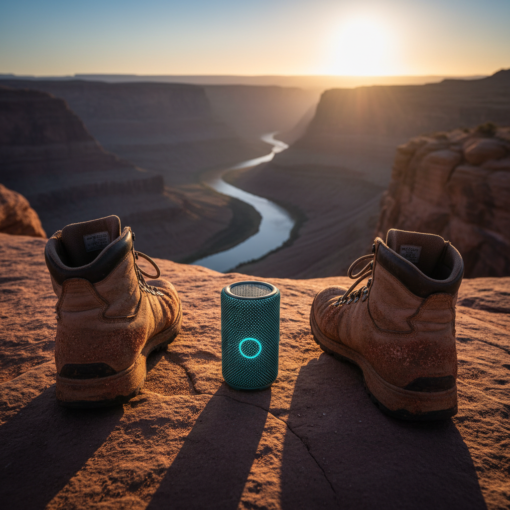 A pair of well-worn hiking boots, dusted with red desert sand, resting on a rocky overlook above a sprawling canyon where a winding river snakes below. Nestled between the boots is a compact Bluetooth speaker with a rugged rubberized exterior, its tiny LED glowing cyan to show it’s playing. The early morning sun rises at the horizon, casting a strong, clear light that creates deep, graphic shadows and sharp contrast on the cracked stone surfaces. Captured from a low angle, boots and speaker dominate the foreground, while the canyon drops dramatically out of focus. The photographic realism, saturated earth tones, and bold composition communicate adrenaline, freedom, and music-fueled exploration.