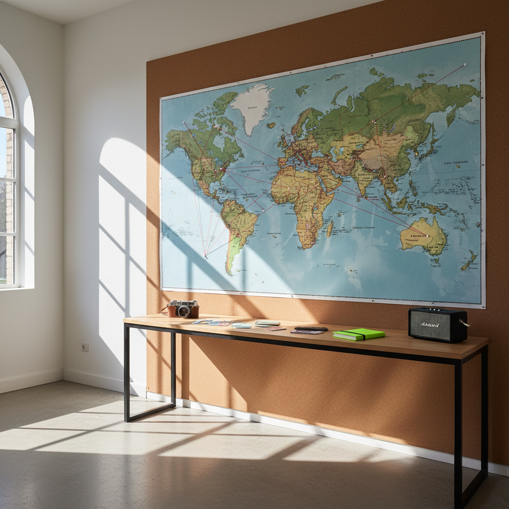 An open, sunlit hostel common room featuring a large world map pinned to a corkboard wall, crisscrossed with bright red string connecting distant cities. On the simple wooden table beneath, a compact analog camera, a stack of ticket stubs, and a slim, neon-colored travel diary lie carefully arranged. Shafts of late-morning light pour in through tall windows, creating crisp beams and patterned shadows on the floor. A small portable speaker sits at the map’s edge, its metallic grille catching the light. Photographed from a slightly elevated, wide perspective with sharp focus throughout, the scene feels bold and optimistic, with clean, modern photographic styling that embodies intentional travel, planning, and a life shaped by music and movement.